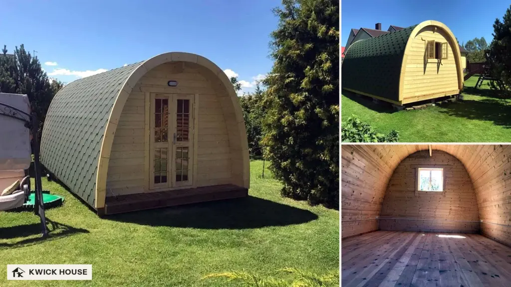 Arched glamping pod with a green shingle roof, glazed double doors and a small timber deck, on a garden lawn