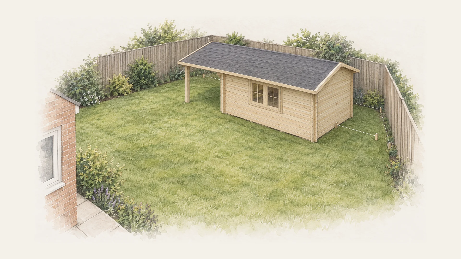 Illustration: a log cabin in the corner of a back garden, with strings on pegs marking the gap to both boundary fences