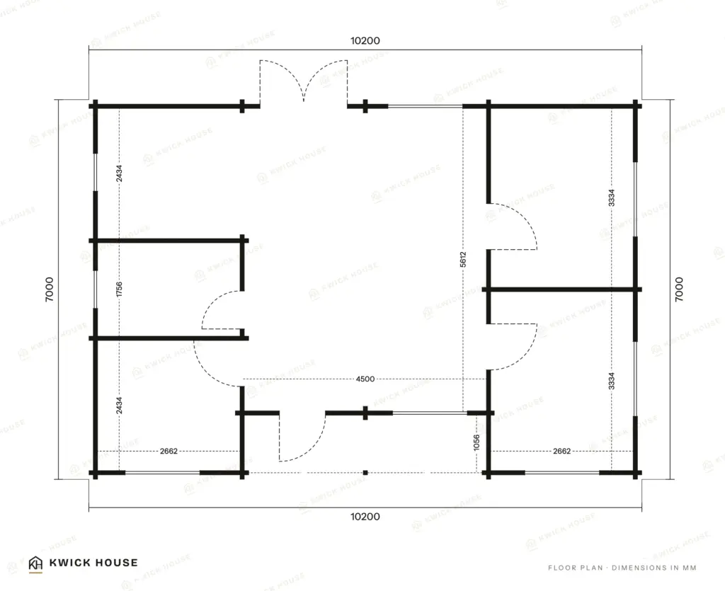 Log Cabin 10.2m x 7m, 62 m², floor plan with dimensions in millimetres