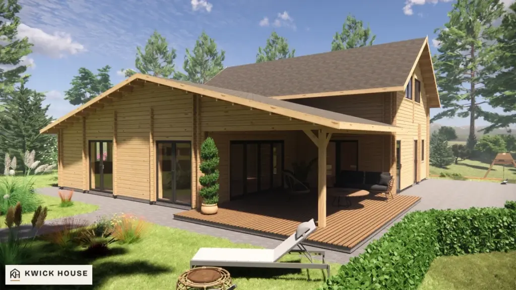 Log Cabin 12.5m x 10m, 170 m², Twin Skin, visualisation of the covered corner terrace with its decking