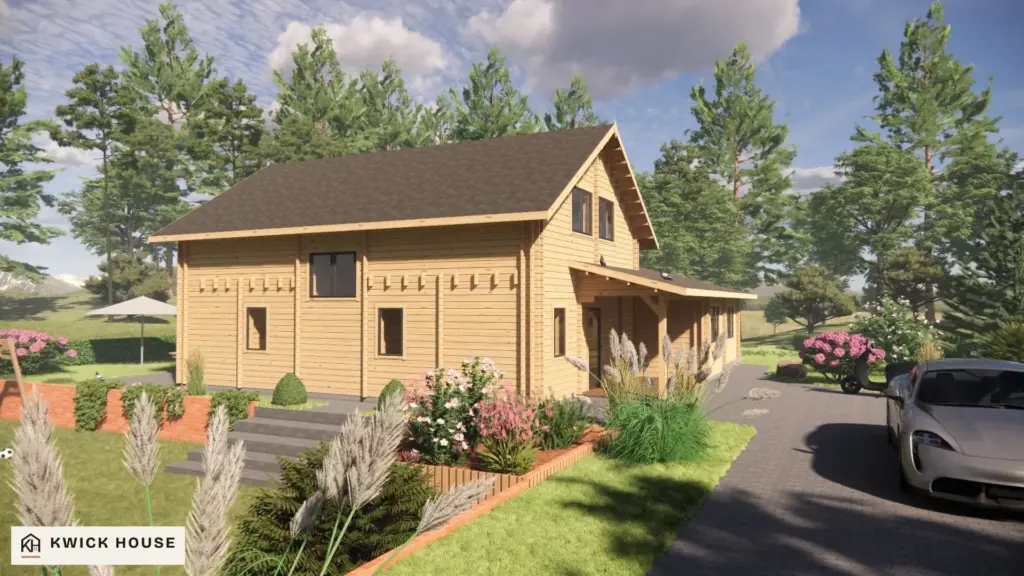 Log Cabin 12.5m x 10m, 170 m², Twin Skin, visualisation of the two-storey side with the entrance porch