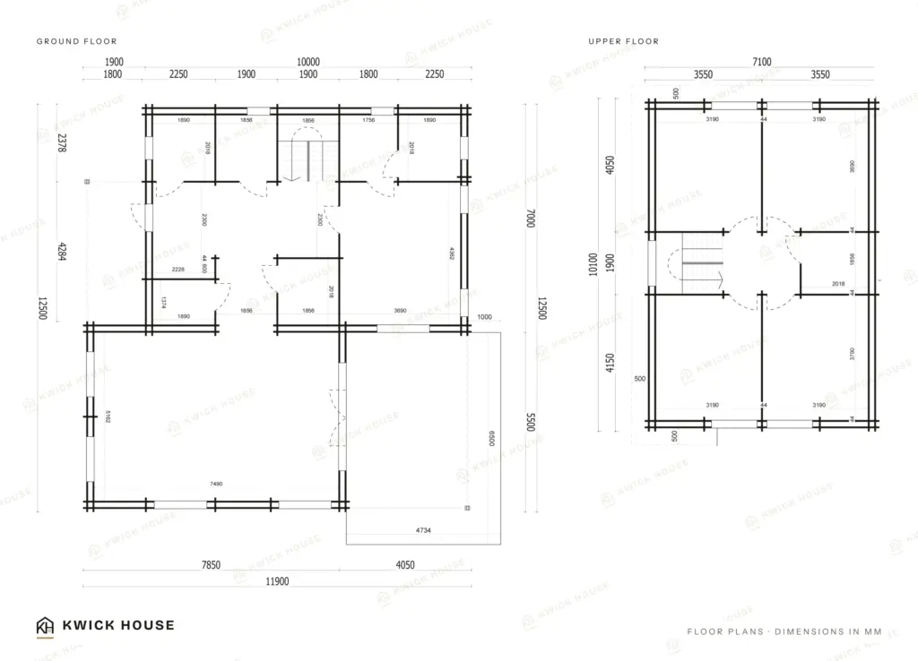 Log Cabin 12.5m x 10m, 170 m², Twin Skin, ground floor and upper floor plans with dimensions in millimetres