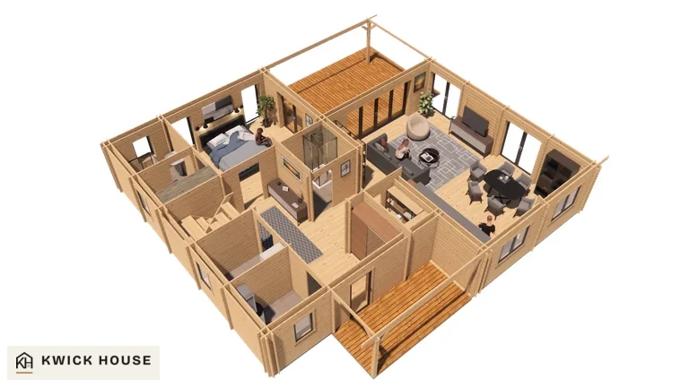 Log Cabin 12.5m x 10m, 170 m², Twin Skin, cutaway visualisation from above showing the ground floor layout