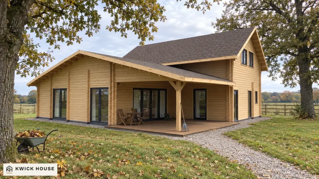 Log Cabin 12.5m x 10m, 170 m², Twin Skin, visualisation of the terrace side on a plot with old oaks