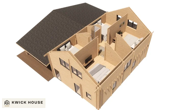 Log Cabin 12.5m x 10m, 170 m², Twin Skin, cutaway visualisation from above showing the upper floor layout