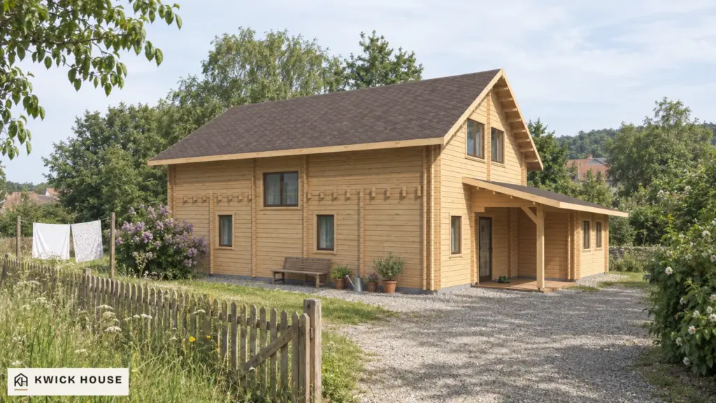 Log Cabin 12.5m x 10m, 170 m², Twin Skin, visualisation of the entrance side at the edge of a village