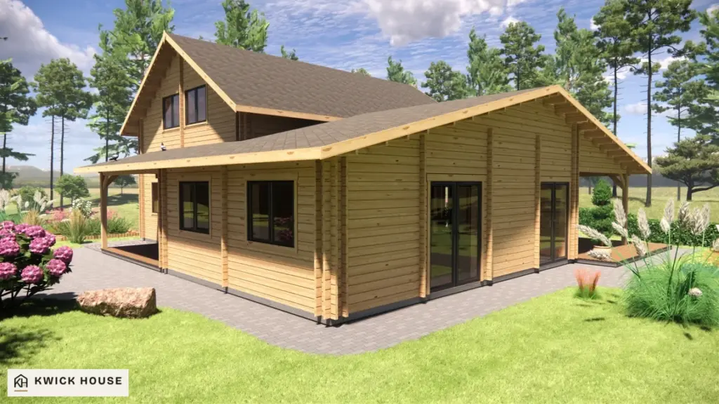 Log Cabin 12.5m x 10m, 170 m², Twin Skin, visualisation of the single-storey wing with two glazed double doors