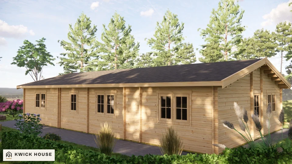 Log Cabin 13.6m x 7.6m, 98 m², visualisation of the back with four windows and the end with a single door