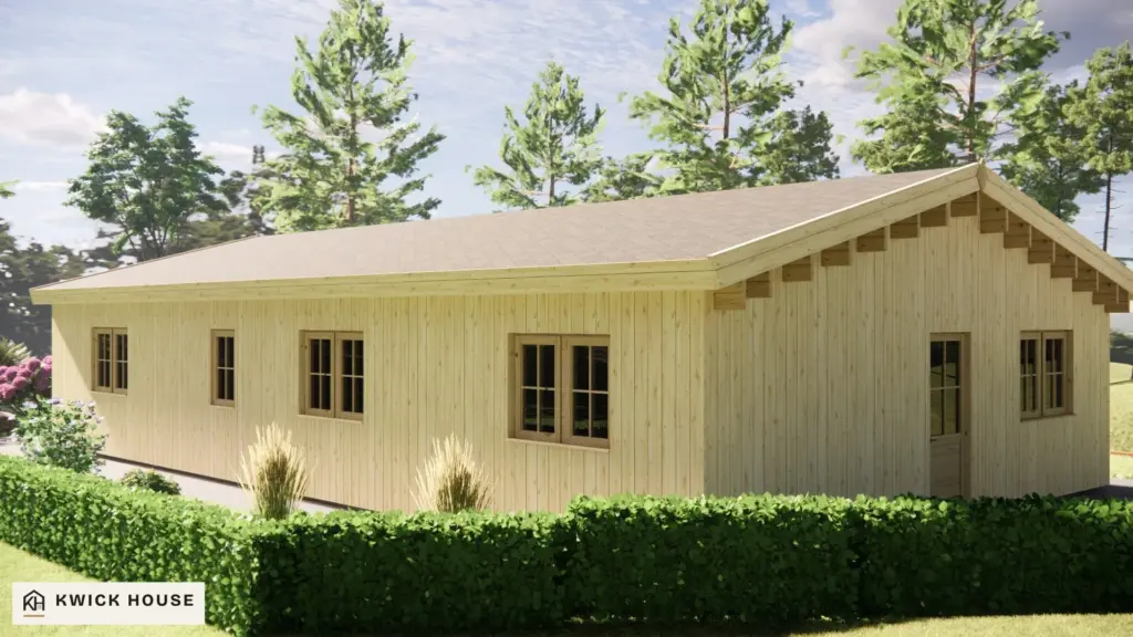 Log Cabin 13.6m x 7.6m with Cladding, 98 m², visualisation of the back with four windows and the end with a single door