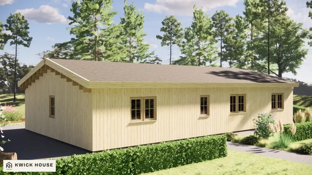 Log Cabin 13.6m x 7.6m with Cladding, 98 m², corner visualisation of the back and the gable end with one window