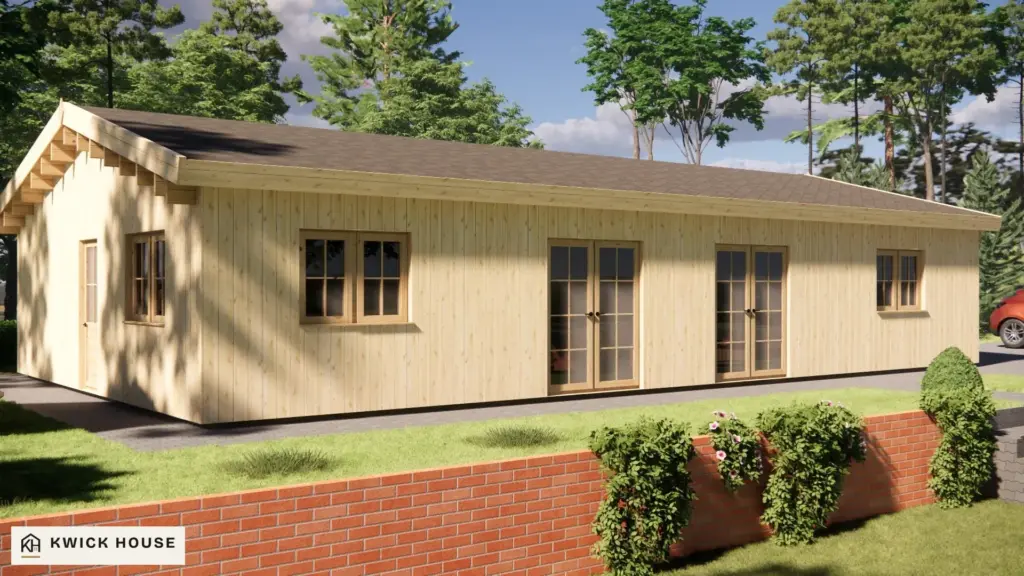 Log Cabin 13.6m x 7.6m with Cladding, 98 m², visualisation of the long side with two glazed double doors