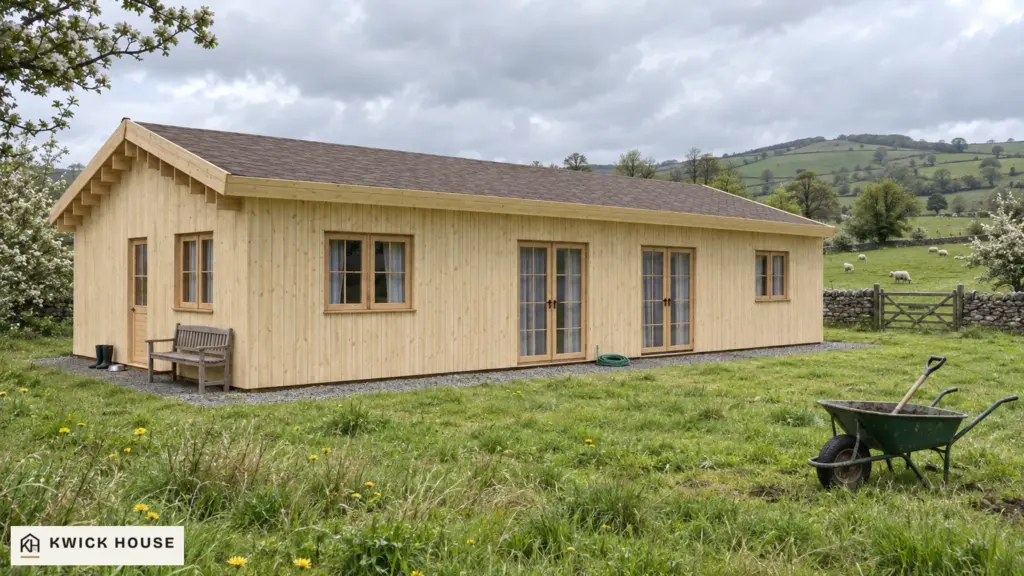 Log Cabin 13.6m x 7.6m with Cladding, 98 m², visualisation of the side with the double doors beside a sheep pasture
