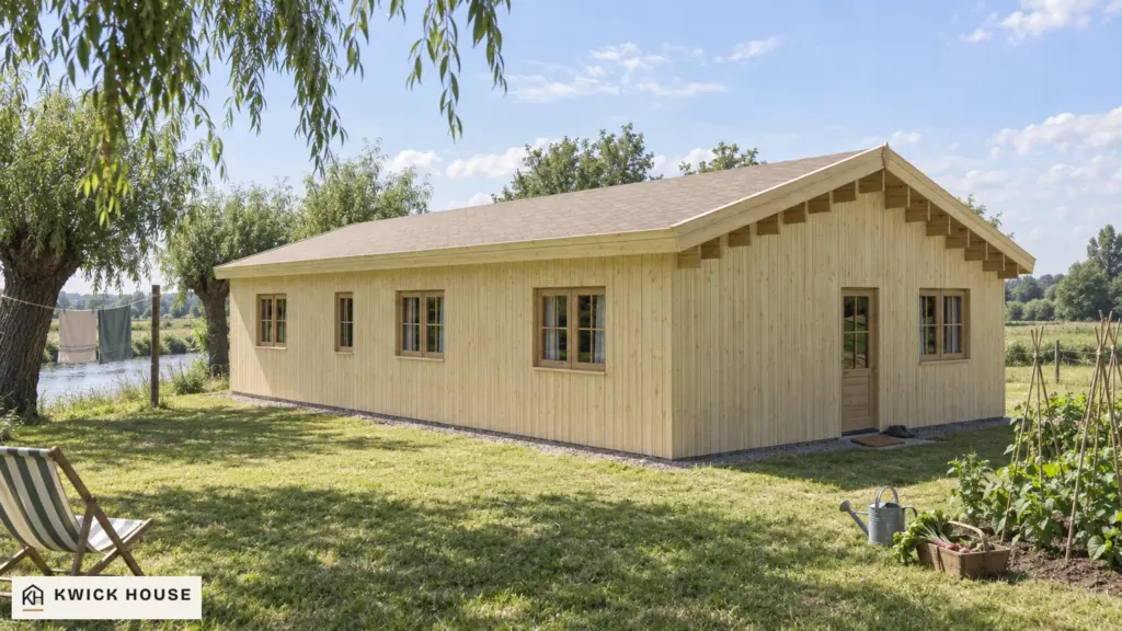 Log Cabin 13.6m x 7.6m with Cladding, 98 m², visualisation of the back and the door end on a riverside plot