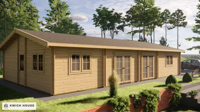 Log Cabin 13.6m x 7.6m, 98 m², visualisation of the long side with two glazed double doors