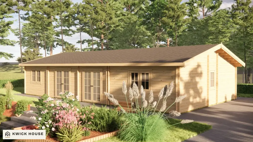 Log Cabin 13.6m x 7.6m, 98 m², corner visualisation of the gable end with one small window