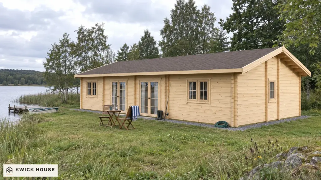 Log Cabin 13.6m x 7.6m, 98 m², visualisation of the side with the double doors on a lakeside plot