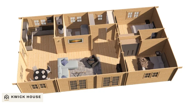Log Cabin 13.6m x 7.6m, 98 m², cutaway visualisation from above showing the room layout