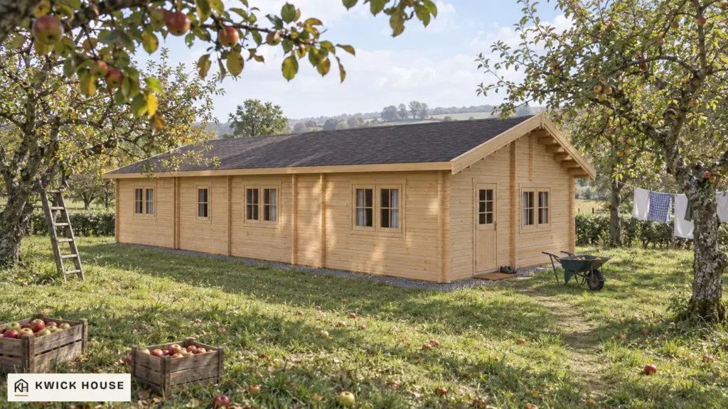 Log Cabin 13.6m x 7.6m, 98 m², visualisation of the back and the door end in an old apple orchard