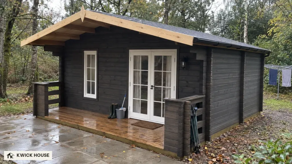Log Cabin 27 m², stained black, with a white window and glazed double doors, on wet paving by trees
