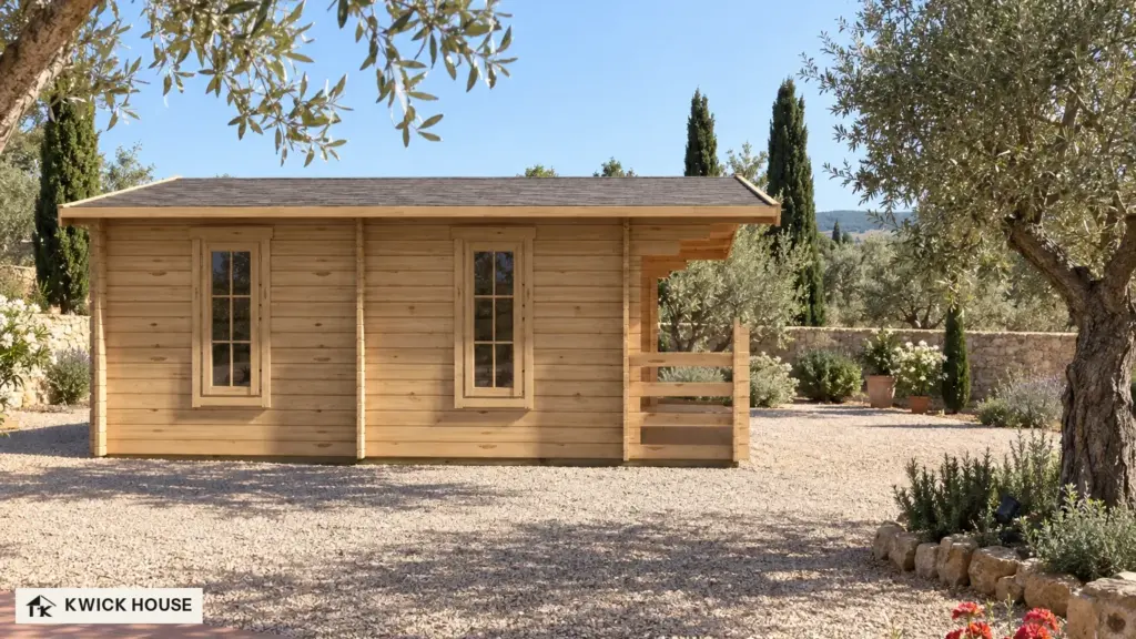 Log Cabin 27 m², on gravel in a sunny garden with olive trees and cypresses, hills beyond