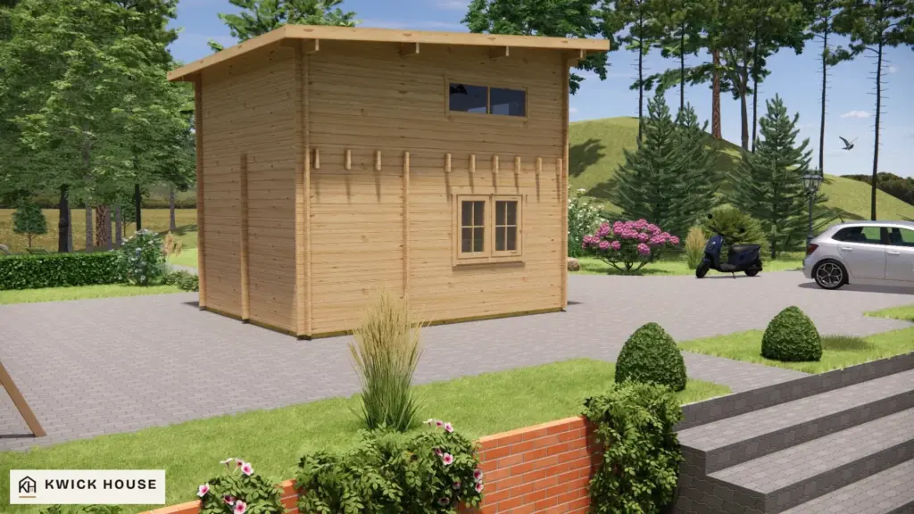 Log Cabin 5m x 4m with Loft, 35 m², visualisation of the back wall and one side with two windows