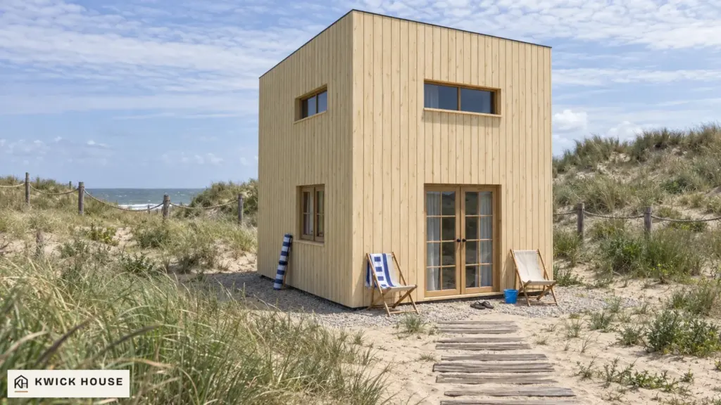Log Cabin 5m x 4m with Loft and Cladding, 35 m², visualisation of the front and one side on a plot behind sand dunes