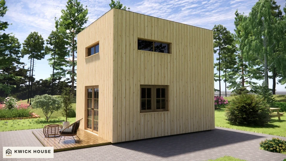 Log Cabin 5m x 4m with Loft and Cladding, 35 m², corner visualisation of the front and the other side