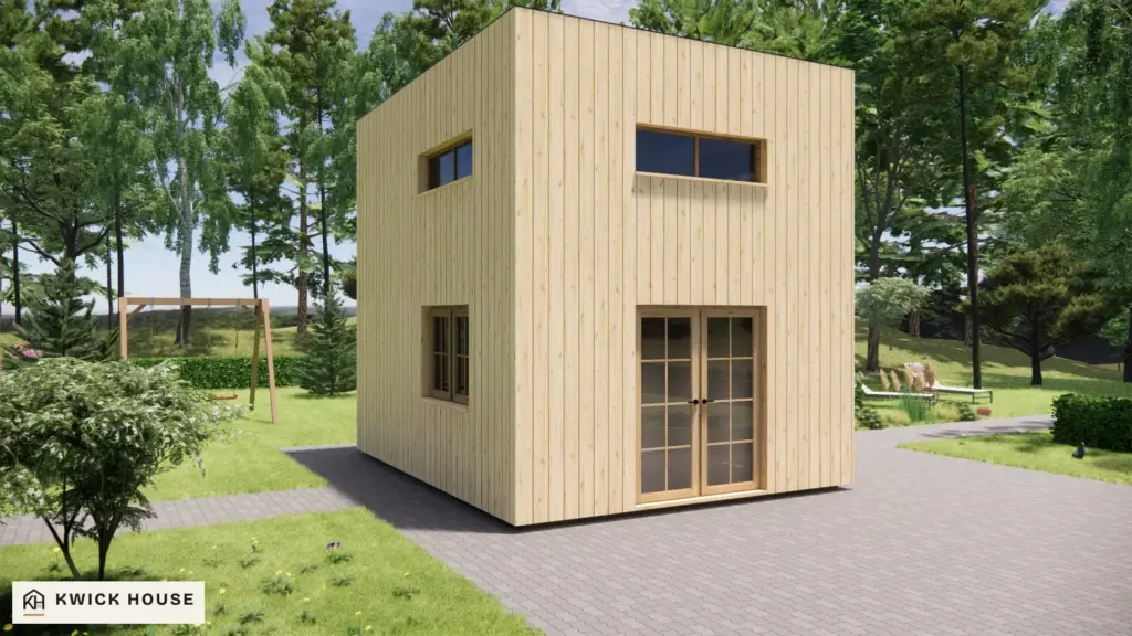 Log Cabin 5m x 4m with Loft and Cladding, 35 m², visualisation of the front with a glazed double door and one side