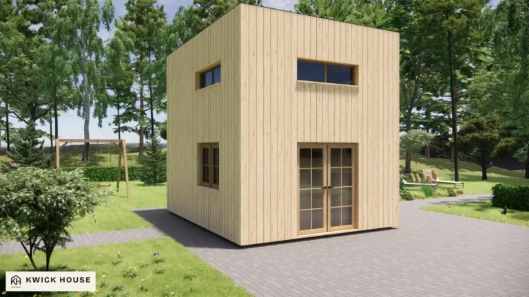 Log Cabin 5m x 4m with Loft and Cladding, 35 m², visualisation of the front with a glazed double door and one side