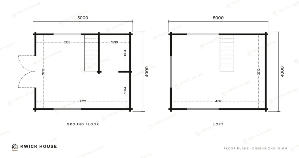 Log Cabin 5m x 4m with Loft, 35 m², ground floor and loft plans with dimensions in millimetres
