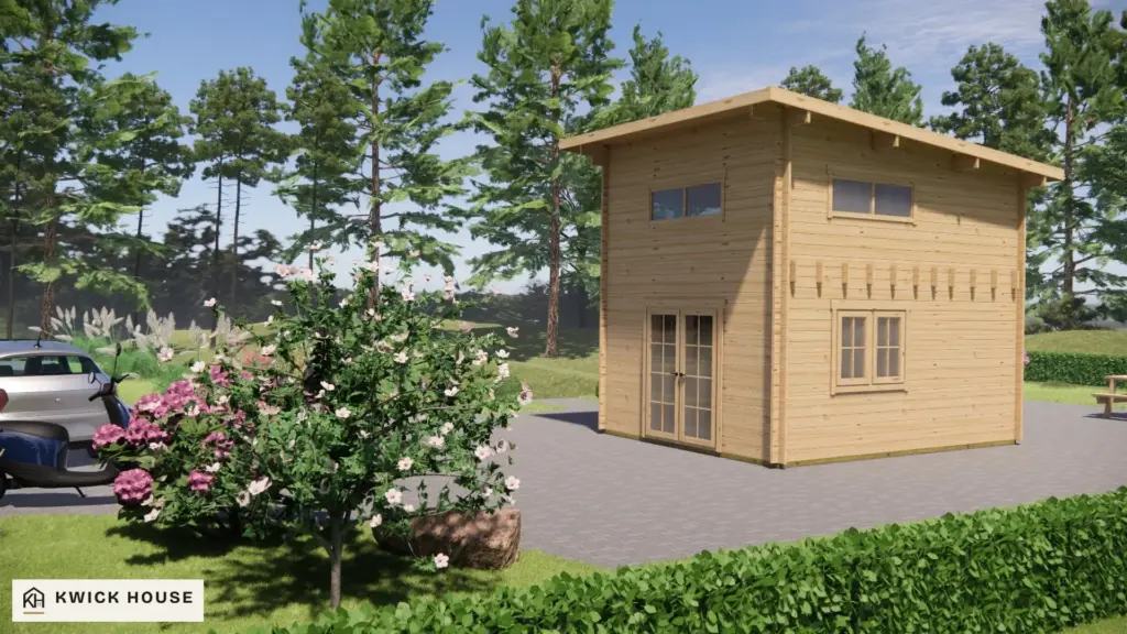 Log Cabin 5m x 4m with Loft, 35 m², corner visualisation of the front and the other side