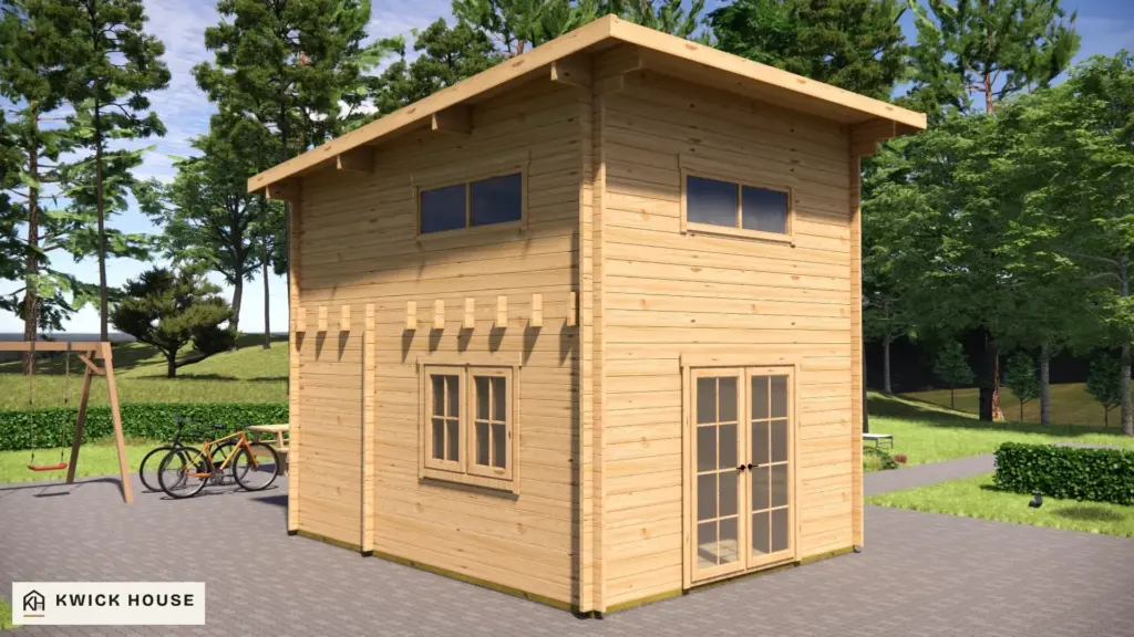 Log Cabin 5m x 4m with Loft, 35 m², visualisation of the front with a glazed double door and one side