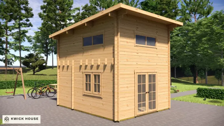 Log Cabin 5m x 4m with Loft, 35 m², visualisation of the front with a glazed double door and one side