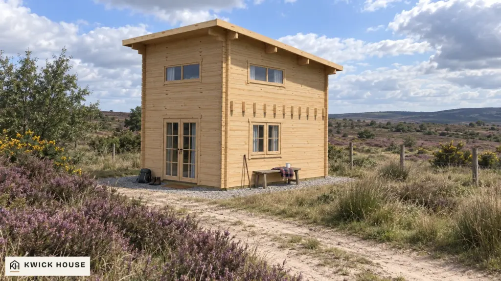 Log Cabin 5m x 4m with Loft, 35 m², visualisation of the front and the other side on a heathland plot