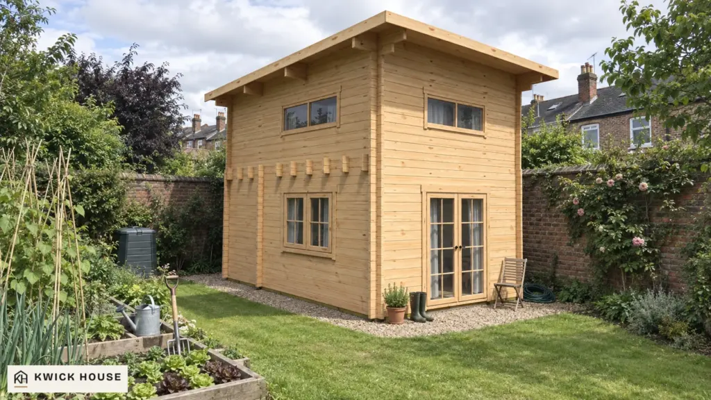 Log Cabin 5m x 4m with Loft, 35 m², visualisation of the front and one side at the end of a walled kitchen garden