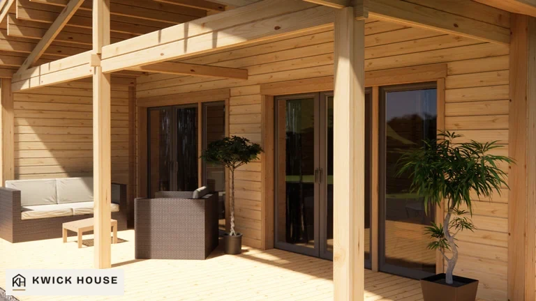 Log Cabin 68 m² with Cladding, close-up visualisation of the horizontal cladding under the covered terrace