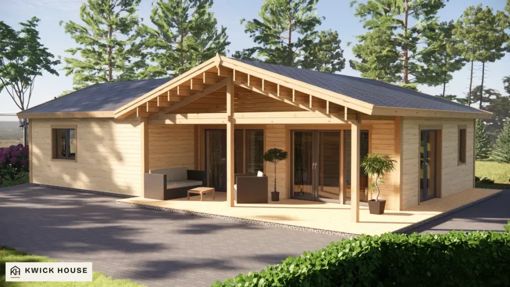 Log Cabin 68 m² with Cladding, visualisation of the covered terrace with glazed double doors