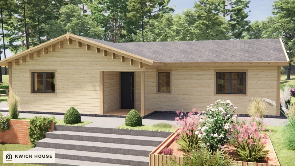 Log Cabin 68 m² with Cladding, visualisation of the entrance side with its recessed porch