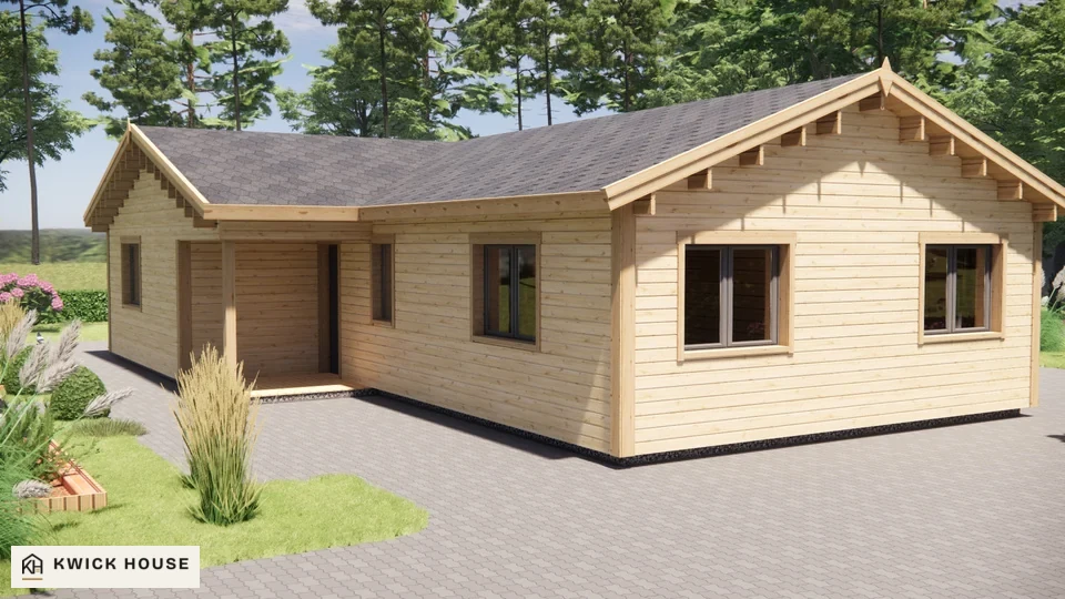 Log Cabin 68 m² with Cladding, corner visualisation of a gable end with two windows and the recessed entrance porch