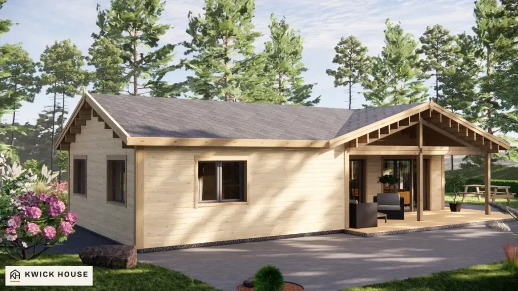 Log Cabin 68 m² with Cladding, visualisation of the long side with the covered terrace on the right