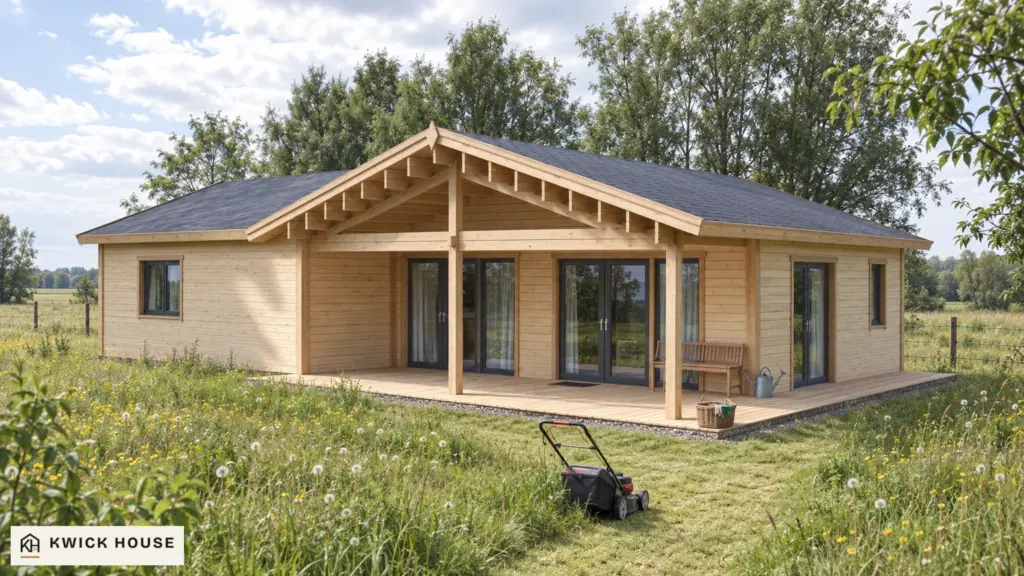 Log Cabin 68 m² with Cladding, visualisation of the terrace side on a meadow plot in late spring