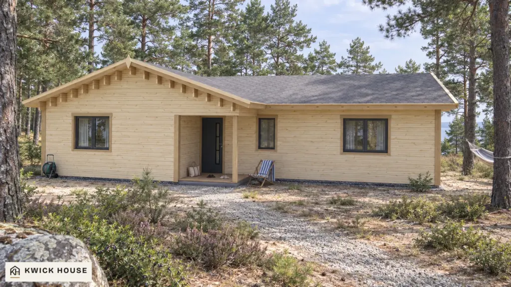 Log Cabin 68 m² with Cladding, visualisation of the entrance side among pines on a sandy plot