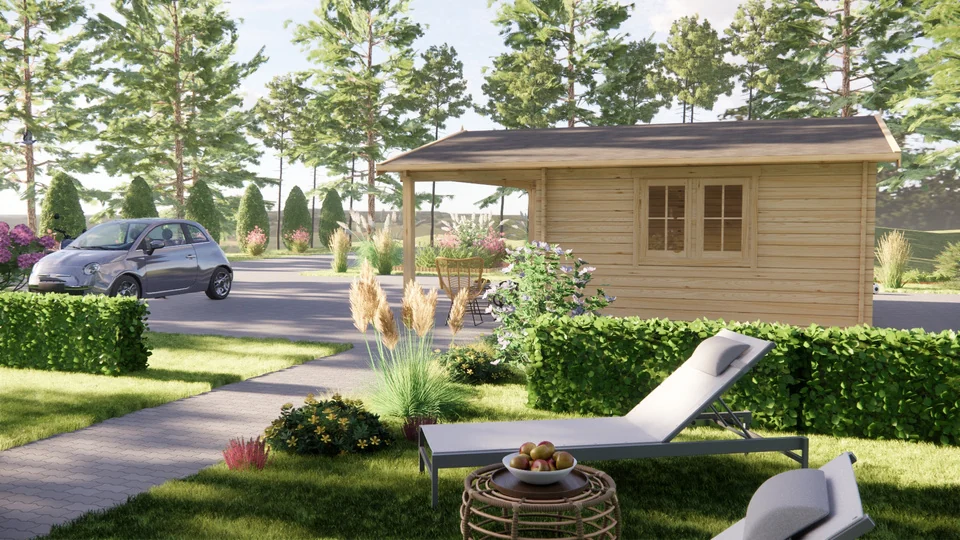 Log Cabin 6m x 4m with Canopy, 21 m², exterior view