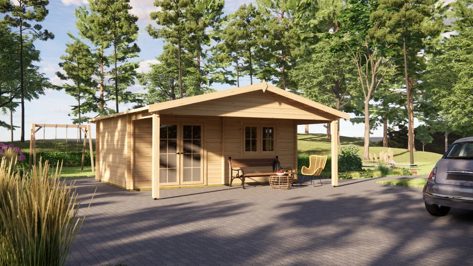 Log Cabin 6m x 4m with Canopy, 21 m², exterior view 3