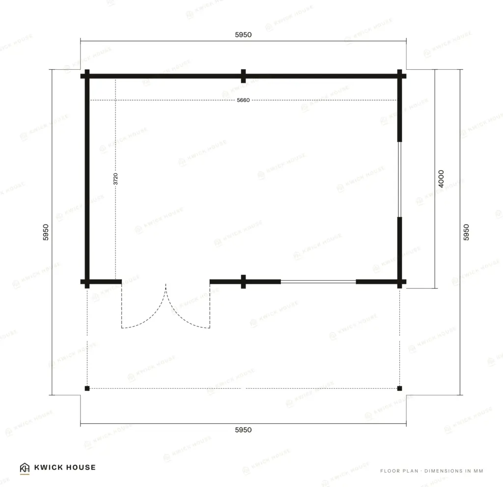 Log Cabin 6m x 4m with Canopy, 21 m², floor plan with dimensions in millimetres