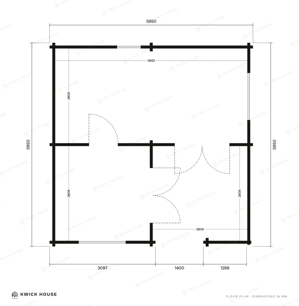 Log Cabin 6m x 6m, 24 m², 2 Rooms, floor plan with dimensions in millimetres