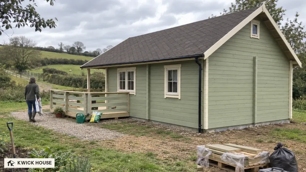 Log Cabin 6m x 6m with Loft, 46 m², painted sage green with cream trim, with hedged fields beyond