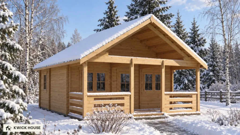 Log Cabin 6m x 6m with Loft, 46 m², after a snowfall, with snow on the veranda rails and a cleared path