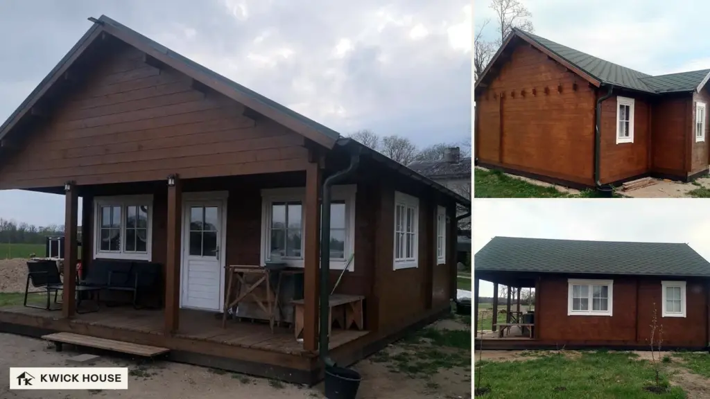 Dark brown log cabin with a corner veranda, white windows and a white half-glazed door