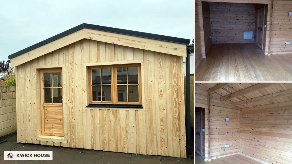 Log cabin clad in vertical boards, with a half-glazed door and a double window, in a paved back garden
